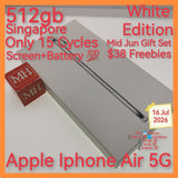 512gb Jun mid gift+freebies in 15 cycles 💯 battery Singapore apple iphone Air 5G white warranty full set