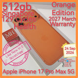512gb 2027 Mar warranty 129 cycles Singapore apple iphone 17 Pro Max 5G orange warranty full set