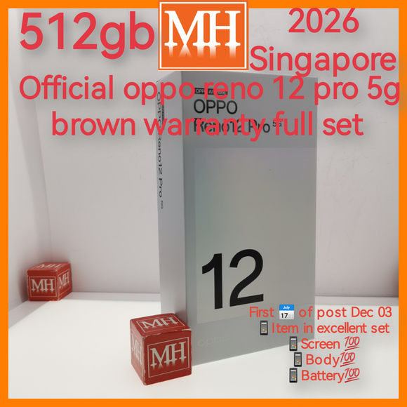 2026 warranty Singapore official oppo Reno 12 pro 5g brown 512gb warranty full set